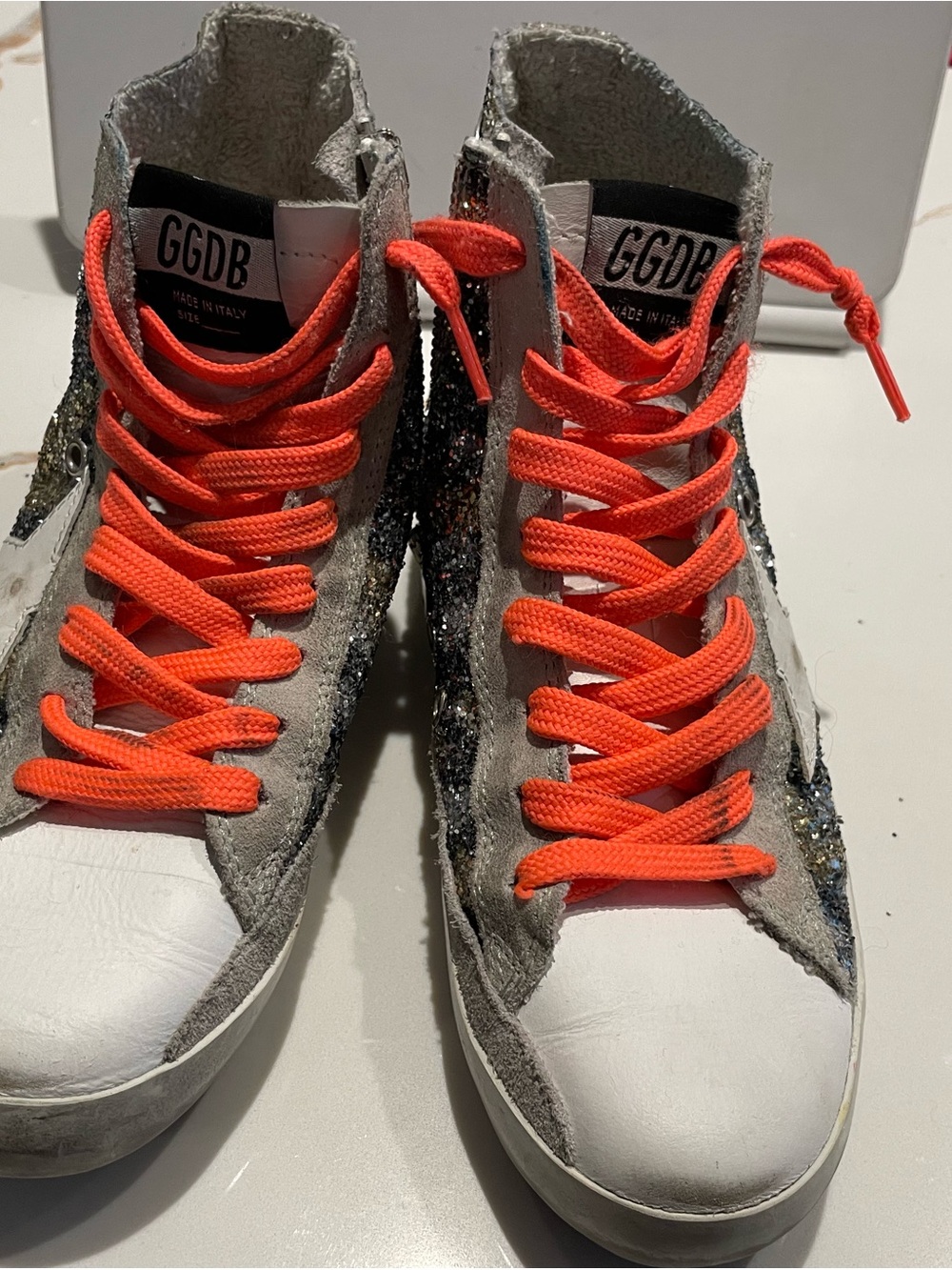 Golden Goose High-Top Sneakers with Orange Laces and Glitter Sides